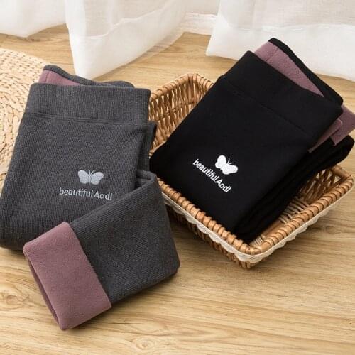 Butterfly Embroidery Warm Winter Leggings Korean Fashion Women Workout Ribbed Cotton Slim Fleece Leggings Black Gray Warm Pants