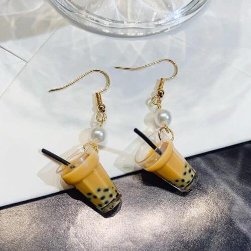 Novelty Miniature Food / Drink Resin Earrings - Bubble Milk Tea with Pearl Milk Tea Earrings
