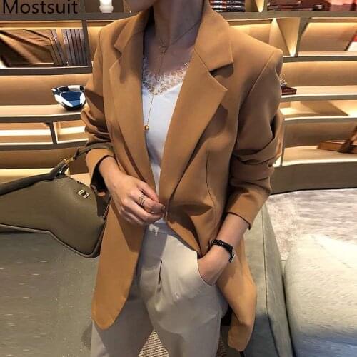 Ladies Fashion Korean Women Blazers Jackets Long Sleeve Notched Collar Long Coats Blazers 2020 Autumn Office Workwear Blazers