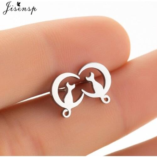 Jisensp Tiny Cute Cat on the Moon Stud Earrings for Women Stainless Steel Animal Jewelry Earings Girl Bijoux Valentines Day Gift