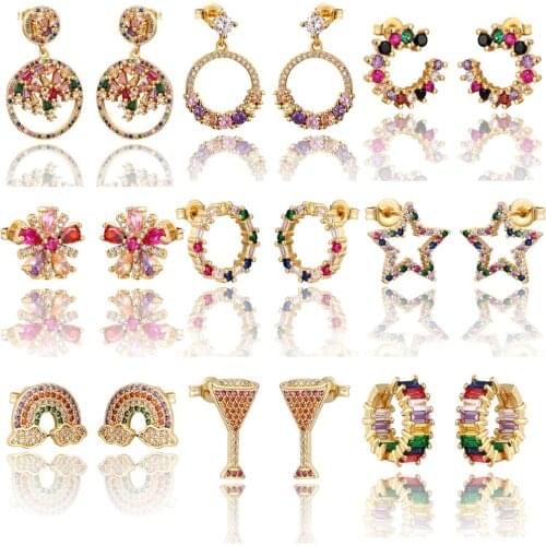 Distant Star Rainbow zircon Stud Earrings jewelry for Women gold cz Earrings love smile flower Earrings jewelry Christmas gift