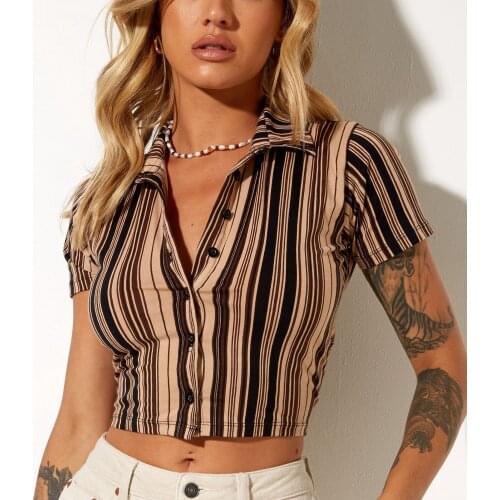 Puloru Summer Y2K 90s Vintage Womens Button Down Crop Tops Casual Floral/Cherry/Stripes Print Short Sleeve Lapel Shirts