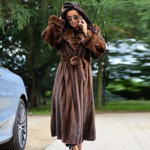 Dark Coffee Natural Mink Fur Coat Woman 2021 High Quality Genuine Mink Fur Coat Long Winter Fur Overcoat with Turn-down Collar