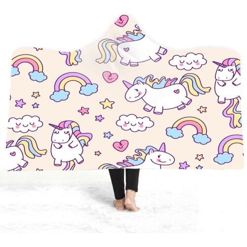 Cartoon Rainbow Unicorn Hooded Blanket For Kids Adults Winter Warm Colorful Floral Soft Coral Fleece Blanket Bed Bedspread Nap B