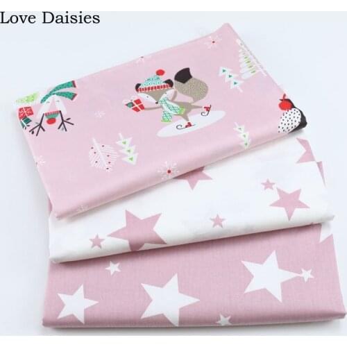 100% cotton twill PINK cartoon Christmas elk deer fox trees PALE MAUVE stars fabrics for DIY bedding cushion handwork home decor