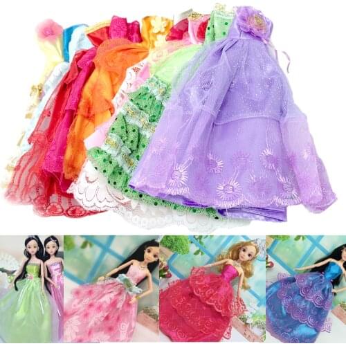 Besegad 5PCS Mini Doll Long Satin Lace Wedding Bubble Dresses Princess Dress Evening Gown Clothes Accessories for Barbie Toy