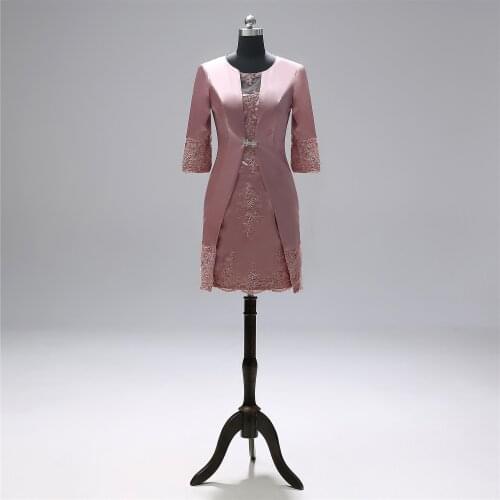 Elegant O Neck Plus Size Formal Dresses Satin Long Sleeves Lace Appliques Knee Length Mother of The Bride Dresses for Wedding