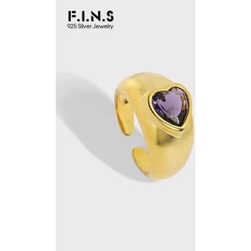 F.I.N.S Luxury Heart-Shaped Purple Cubic Zirconia Texture 100% S925 Sterling Silver Open Cuff Ring Statement Wide Finger Rings