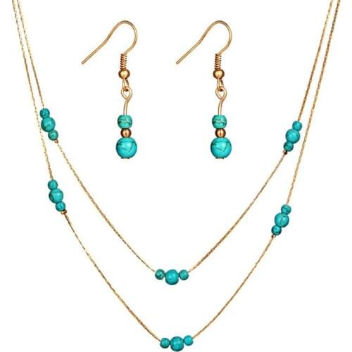 New Jewelry Set Blue Round ball Multilayers Necklace Stud Earring Set Fashion Wedding Jewelry Bijoux Boho Pendientes