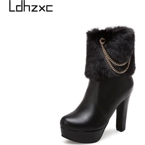 LDHZXC Wholesale Women Boots Platform Rubber Sole Ladies Casual Shoes Plus Size Black High Heels Zipper Black Pu Leather Boots