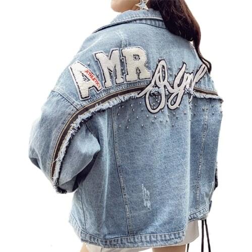 Fashion Large size Denim Jacket Students Tops 2019 Spring Autumn Loose Embroidery Windbreaker Women Beading Jeans Coats A2648