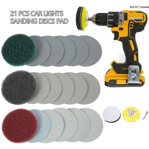 21Pcs/Set Sanding Discs Pad Polishing Sandpaper DIY Car Lights Kit Restoration Headlights Repair P240 Mop M16 Drill Adapter