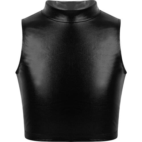 Kids Girls Ballet Jazz Dance Tops Metallic Sleeveless Turtleneck Crop Tops Children Dancewear Stage Performance Workout Costume