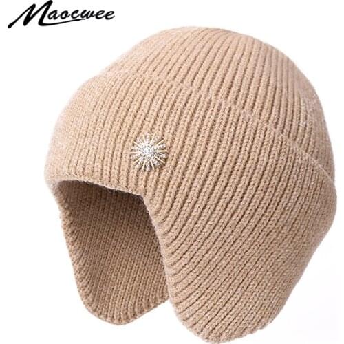 Autumn Winter Knitted Beanie Hat Earguard Aiamond Metal Flower Decoration Women Female Windproof Cap Warm Thick Solid Bonnet Hat