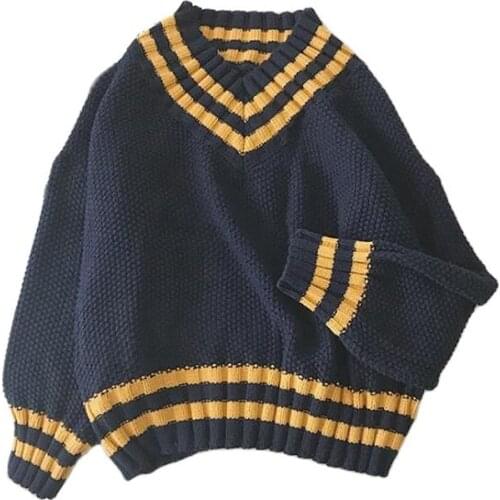 Autumn V-neck Sweater Women Vintage Jumper Blue Knitted Striped Sweaters For Women White Harajuku Sweater Pullover Winter Warm
