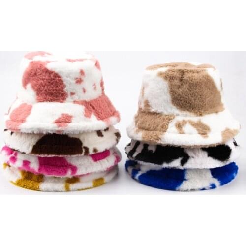 CNTANG New 2021 Women Bucket Hat Autumn And Winter Warm Cow Print Plush Fashion Panama Casual Hats For Ladies Fisherman Caps