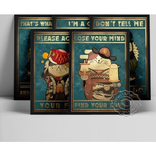 Fortune Cat Cartoon Illustration Poster, Japanese Tradition Costume Kimono Animal Portrait Wall Picture, Kids Room Home Decor