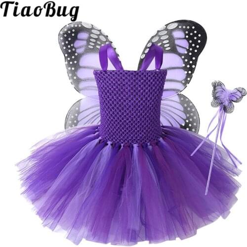 TiaoBug Kids Purple Sleeveless Mesh Tutu Dress with Wings Fairy Wand Set Outfit Girls Halloween Carnival Role Play Costume