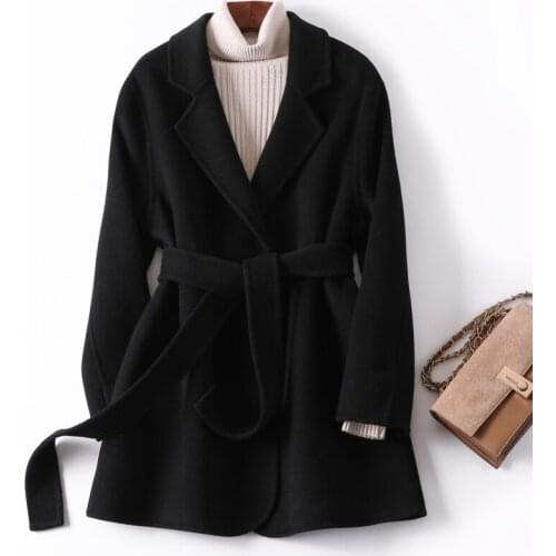 Spring Autumn 100% Woo Coat Female Jacket Long Black Coat Korean Overcoat Elegant Woman Coats 2020 Manteau Femme MQS1020 KJ6066