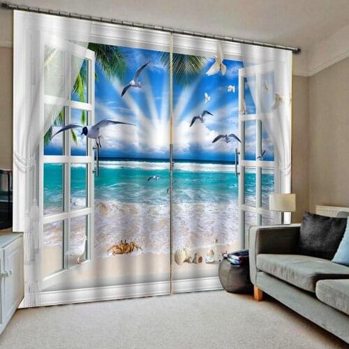 Window curtains beach 3D Curtain Luxury Blackout Window Curtain Living Room