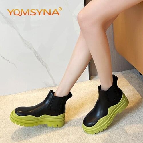YQMSYNA Fashion Ankle Boots Genuine Leather Thick Bottom Non-slip Mixed Colors Boots Comfortable Round Toe Office Lady Shoes W01