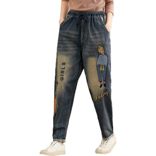 Eans Women Fashion embroidery Cartoon Hallen Pants Autumn Winter Female Casual Elastic waist Wide leg pants Jeans Plus Size