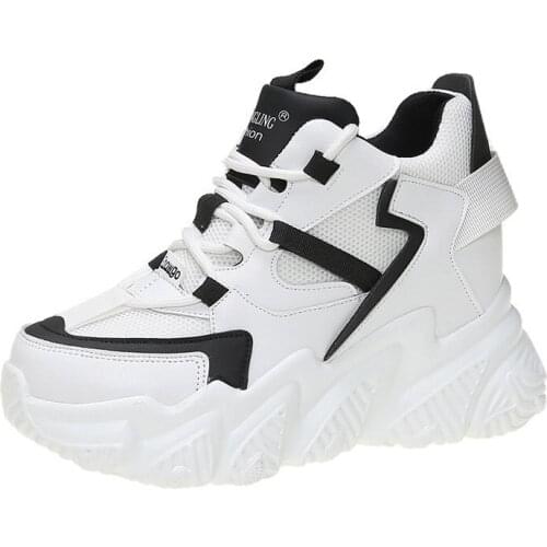 Spring Women Platform Chunky Sneakers Fashion 9cm High Heel Lace-up Vulcanize Shoes Female Breathable Mesh Dad Casual Shoes