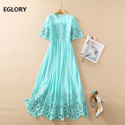 Blue Long Dress 2021 Spring Summer High Quality Women O-Neck Hollow Out Embroidery Short Sleeve Casual Party Long Maxi Dress XL
