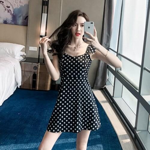 COIGARSAM Polka Dot Women one-piece dress korean Summer Dresses White Black 8114