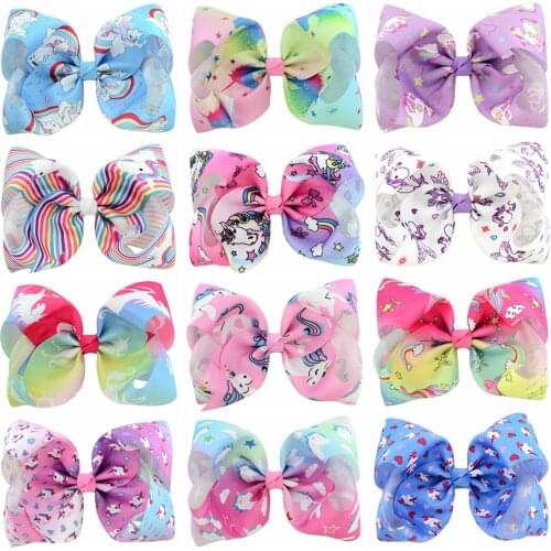 12pcs/set 8inch Rainbow Unicorn Hair Bows Clip Large Girls Dance Hair Accessories Hairpins Party Headwear
