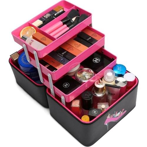 2020 Women Cosmetic Box 3 Layer Design High Quality Portable Cosmetic Bag Large Capacity High Heel Pattern PU Women Makeup Bag