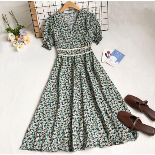 2021 Summer Women Flare Sleeve V-Neck Ruffles Chic Chiffon Dress Lady Elastic Slim Waist Pleated Floral Printed Party Midi Dress