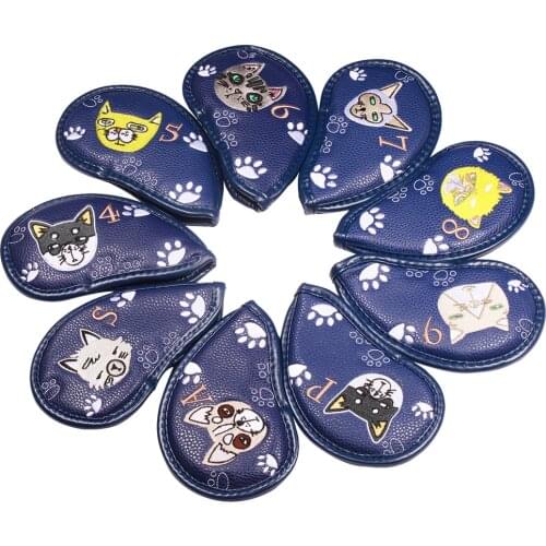 9 Pcs Portable Golf Club Headcovers Cute Cartoon Cat Pattern PU Waterproof Fairway Hybrid Putter Cover Set Vintage