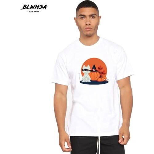 BLWHSH Halloween Cat Disguised Mummy Print T Shirt Men Summer Casual Funny T-shirt Cartoon Cat Printed Halloween Male Plus Tops