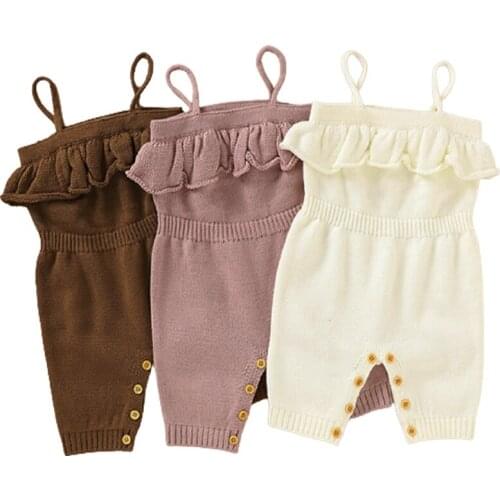 Baby Girl Clothes Solid Color Sling With Ruffles Jumpsuit Autumn Knitted Newborn Rompers Infantil Overalls Outfits One Piece