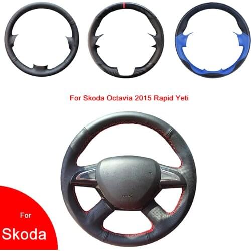 Breathable Punch Hand-Stitched Black Artificial Leather Car Steering Wheel Cover For Skoda Octavia Fabia Rapid Superb Yeti