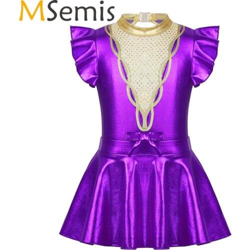 Girls Gymnastics Leotard Ballet Dress Halloween Showman Short Flutter Sleeves Metallic Sparkly Sequins Keyhole Back Kids Costume