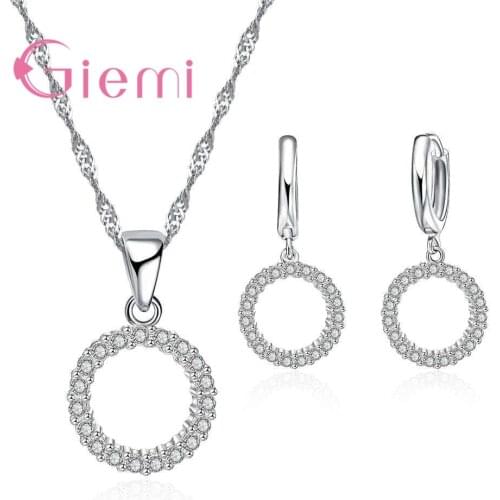 Simple Hollow Round Pendant Necklace Earrings Set Gift For Women Free Shipping 925 Sterling Silver Jewelry Sets
