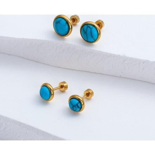 Lifefontier Bohemia Round Turquoises Stud Earrings for Women Men Gold Color Stainless Steel Blue Stone Small Earrings Jewelry