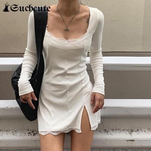 SUCHCUTE Solid Color Lace Trim Mini Elegent Split Dress For Women 2021 Spring Long Sleeve Ladies Dresses Gothic Party Clubwear