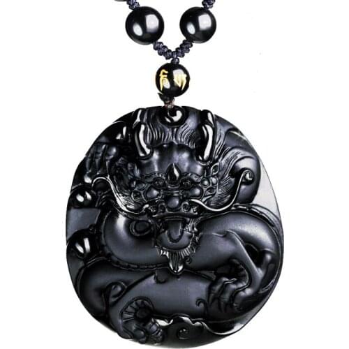 Natural Black Obsidian Stone Pendant Carved Chinese Dragon Lucky Amulet Pendants Necklace For mens Jade Jewelry Free rope
