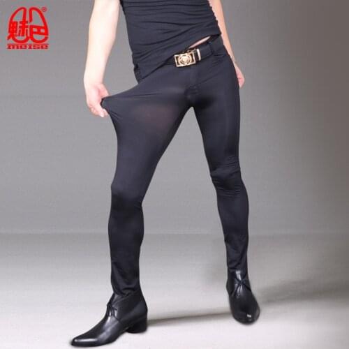 Sexy Men Long Tights Transparent Ice Silk Pants Male Shiny High Elastic Pants Leg Pencil Tight Trouser Ultrathin Gay Wear