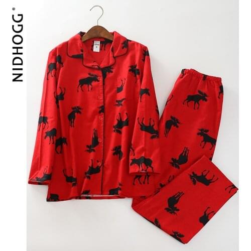 Womens Long Sleeve Pajamas Turn-down Collar Cotton Brushed Fabric Printing Sleepwear Two Piece Set Loungewear Women Nightwear