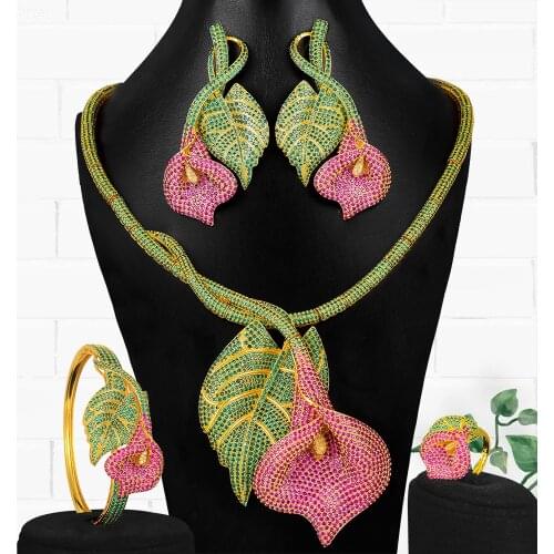 Luxury 4PCS Flowers Necklace Earring Sets Cubic Zirconia jewelry Sets for women Wedding Indian Bridal Jewelry Sets 2018