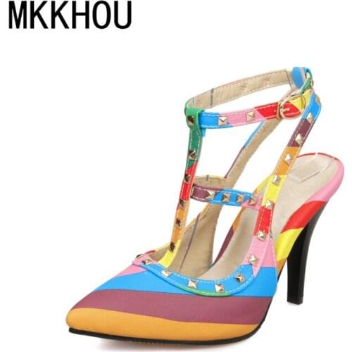 MKKHOU Fashion Sandals Women New Summer Shoes Colorful Pointed Rivet Stiletto 10cm High Heels Open Shoes Large Size 34-52