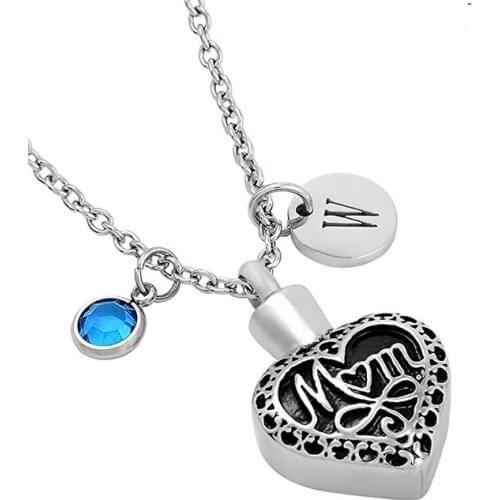 DIY birthstone&letters Charm Keepsake Mom In My Heart Stainless Steel Cremation Urn Ashes Jewelry Pendant Necklace For Women/Men