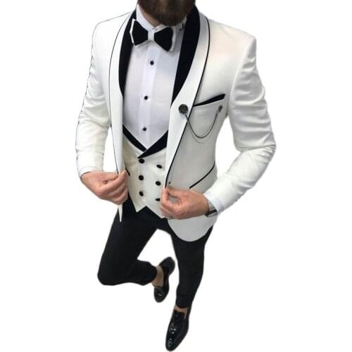White and Black Grom Tuxedo for Wedding Slim Fit White and Black Formal Men Suits with Double Breasted Waistcoat Pants Fashion