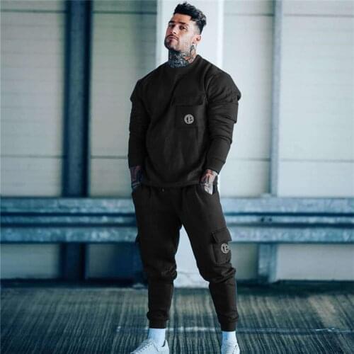Sports Mens workwear fitness suit autumn and winter mens suit long-sleeved shirt + pants gym running sportswear suit cotton