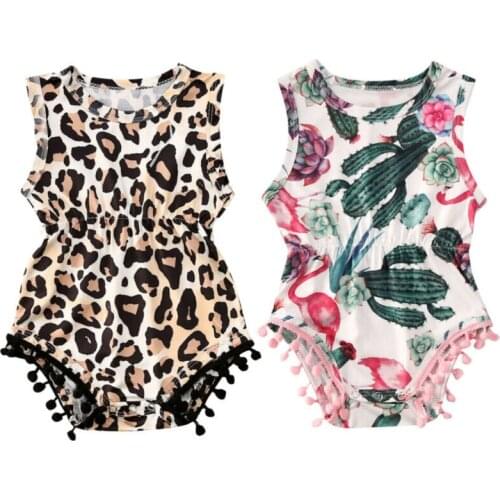 Wallarenear 0-24M Cute Newborn Baby Girl Clothes Leopard/Cactus Romper Sleeveless Tassel Jumpsuit Outfits Summer