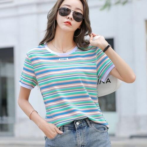 Striped Summer Tops Appliques T-Shirt Women Cotton 2021 Short Sleeve Korean Style Casual T Shirt Woman Clothes Tee Shirt Femme